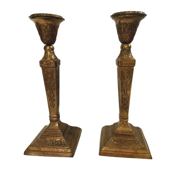 Vintage Pair of 8.5" Brass Pedestal Taper Candle Holders Ram Swag Ribbon Design